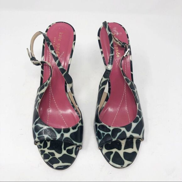 KATE SPADE | Giraffe Print Sling Back Heels Black White Turquoise Women’s Size 8 - Picture 2 of 10